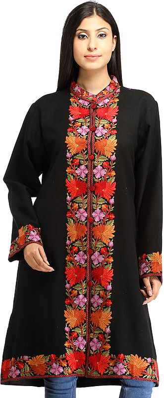 Phantom-Black Long Jacket from Kashmir with Aari Hand-Embroidered Flowers on Border