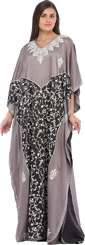 Opal-Gray and Shale Aari-Embroidered Kaftan from Kashmir