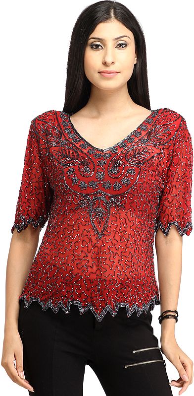 Maroon Top from Bareilly with Hand-Embroidered Beads All-Over and Cut-work