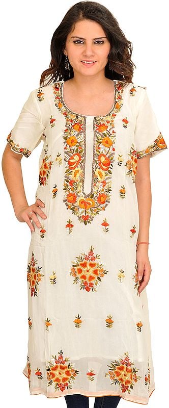 Ivory Long Phulkari Kurti with Floral-Embroidery