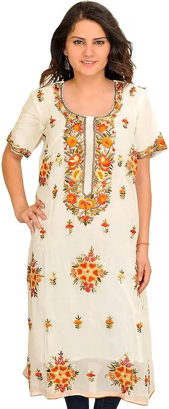 Ivory Long Phulkari Kurti with Floral-Embroidery