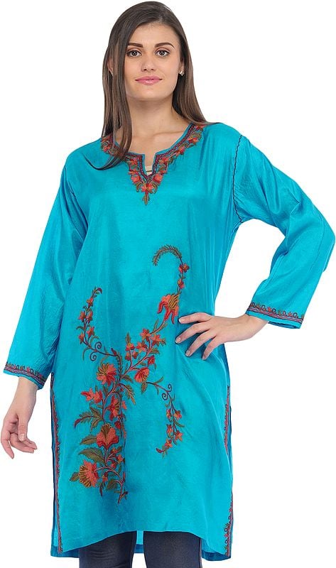 Blue-Jewel Kurti from Kashmir with Aari-Embroidery by Hand