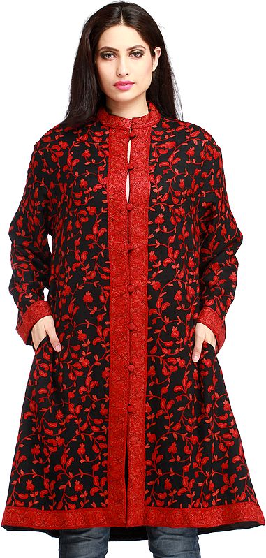 Black and Red Long Jacket from Kashmir with Aari Hand-Embroidered Paisleys All-Over