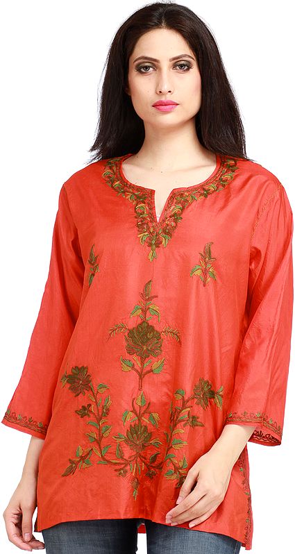 Red-Clay Kurti from Kashmir with Aari Hand-Embroidery