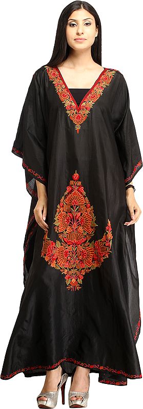 Jet-Black Kaftan from Kashmir with Aari-Embroidery by Hand