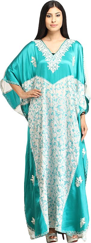 Turquoise and White Kaftan from Kashmir with Aari-Embroidered Paisleys