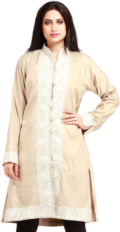 Bleached-Sand Long Jacket from Kashmir with Aari Embroidered Paisleys on Border