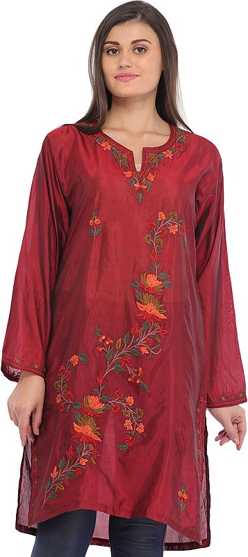 Brick-Red Kurti from Kashmir with Aari-Embroidery by Hand
