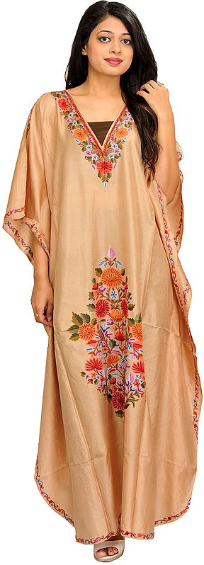 Desert-Dust Kaftan from Kashmir with Aari-Embroidered Flowers by Hand