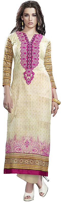 Cream Digital-Printed Long Kurti with Embroidered Patch on Neck