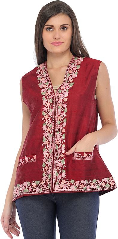 Rosewood Waistcoat from Kashmir with Aari Hand-Embroidery on Border