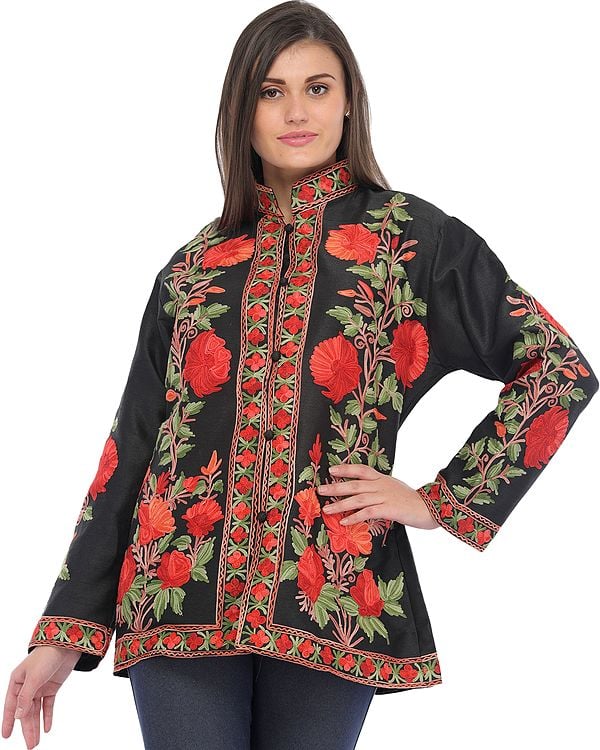 Jet-Black Jacket from Kashmir with Aari-Embroidered Flowers