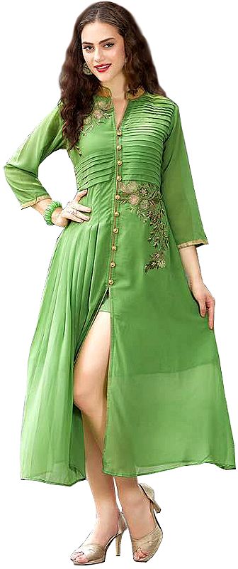 Jade-Green Designer Long Dress with Floral Embroidery