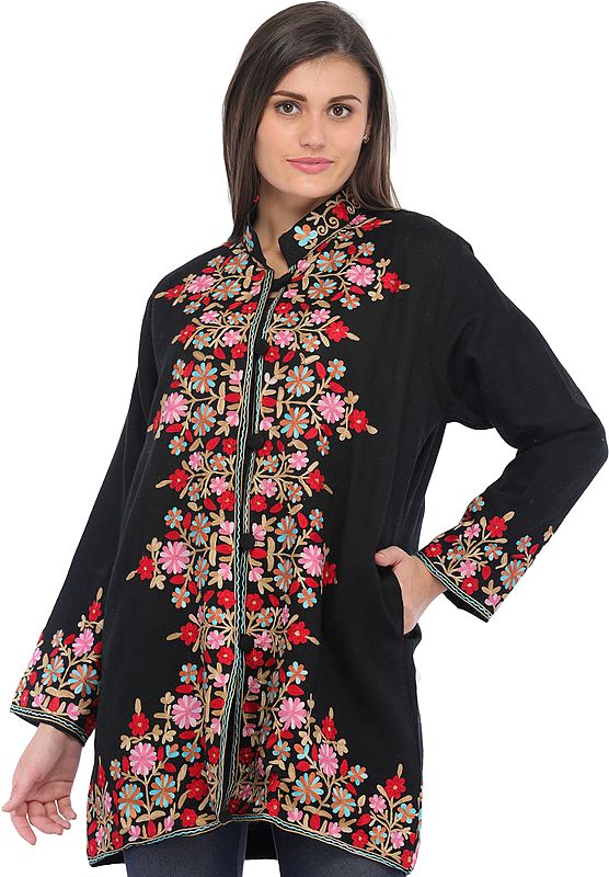 Jet-Black Aari Floral-Embroidered Jacket from Kashmir