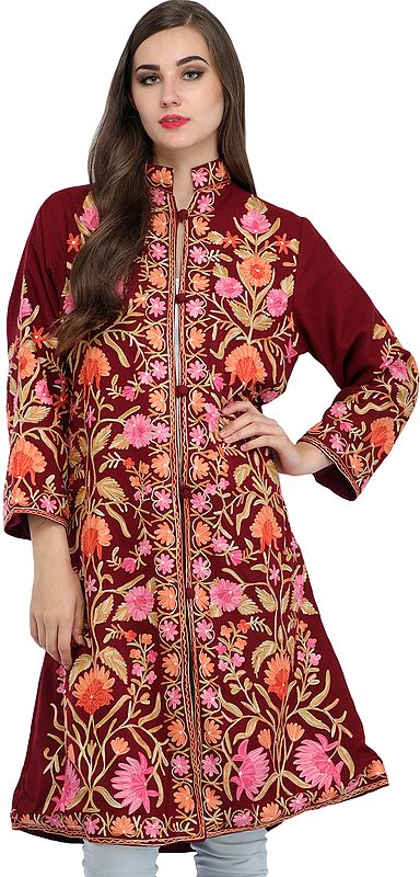 Maroon Floral Aari-Embroidered Kashmiri Long Jacket