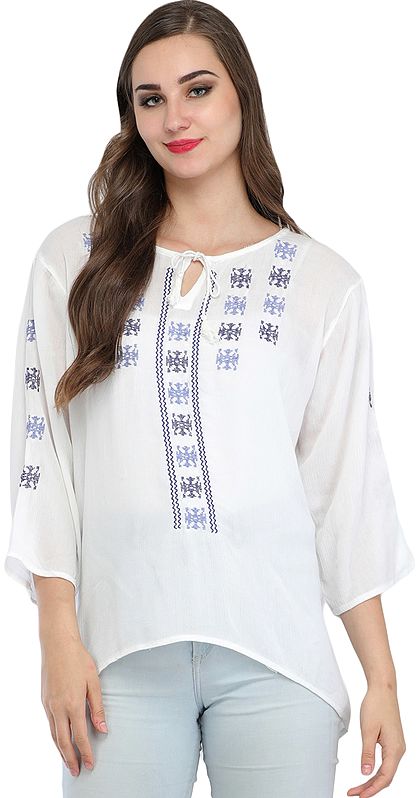 Bright-white Short Kurti with Embroidery and Dori on the Neck