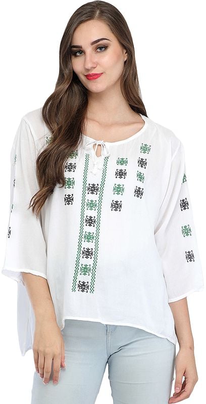 Bright-white Short Kurti with Embroidery and Dori on Neck