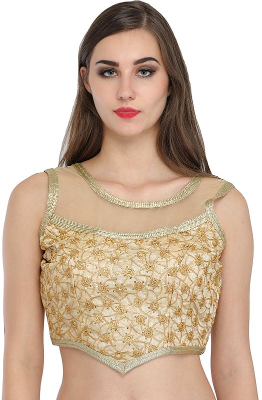 Golden Designer Choli with Embroidered Spirals and Sequins