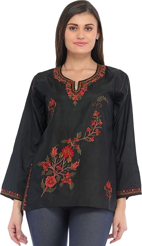 Caviar-Black Aari Short Kurti from Kashmir with Embroidery by Hand