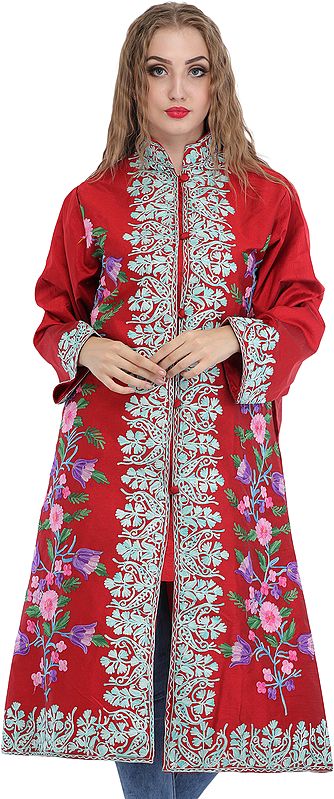 Rococco-Red Aari Embroidered Long Jacket from Kashmir