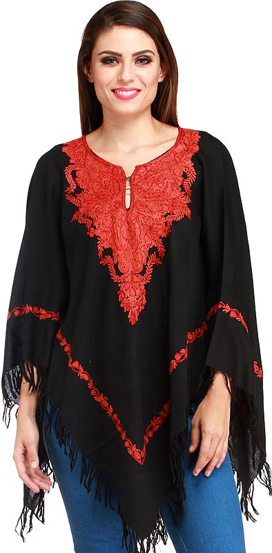 Jet-Black Poncho from Kashmir with Aari Hand-Embroidery on Neck