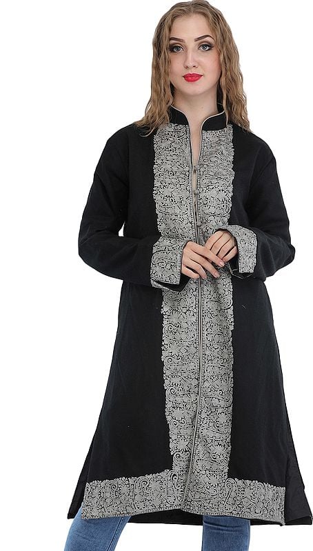 Jet-Black Long Jacket from Kashmir with Aari Hand-Embroidered Paisleys on Border