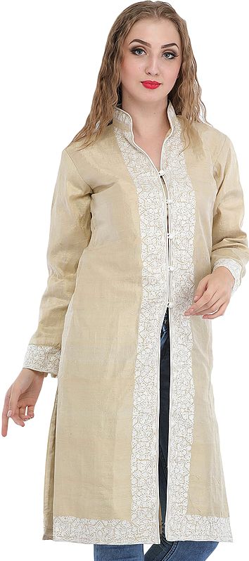 Antique-White Long Jacket from Kashmir with Aari Hand-Embroidery on Border