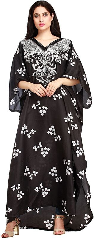 Black and White Printed Kaftan with Hand-Embroidered Beads and Sequins