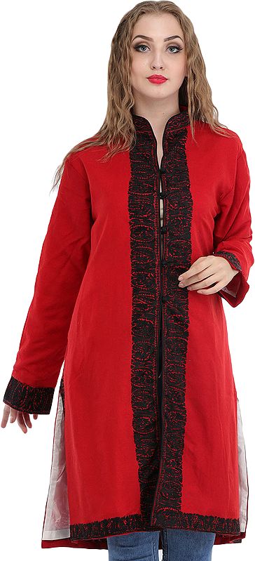True-Red Long Jacket from Kashmir with Aari Hand-Embroidery in Black