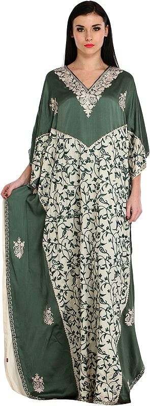 Green and Cream Kaftan from Kashmir with Aari-Embroidered Paisleys