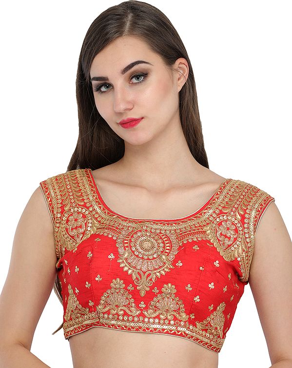 Tomato-Red Wedding Padded Choli from Jodhpur with Golden-Embroidery and Sequins