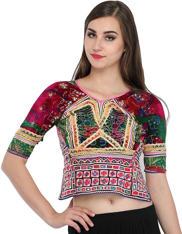 Pink and Green Backless Choli from Kutch with Antiquated Rabari Embroidery and Sequins