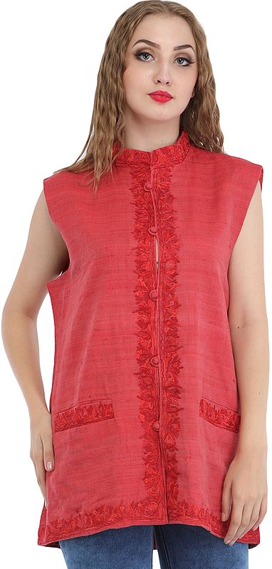 Faded-Rose Waistcoat from Kashmir with Aari Hand-Embroidery and Front Pockets