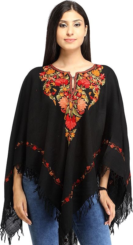 Caviar-Black Poncho from Kashmir with Aari-Embroidery by Hand