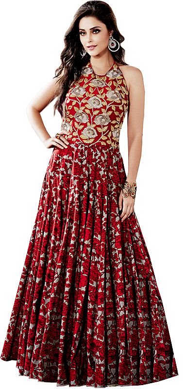 Rococco-Red Floral Printed Wedding Floor Length Dress with Embroidered Beads