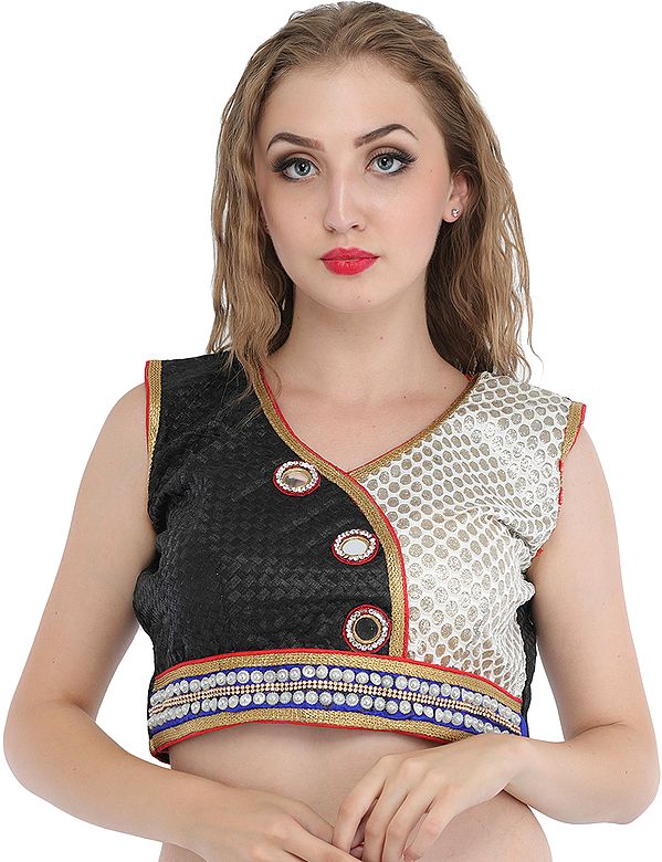 Black and White Choli with Large Mirrors and Patch Border