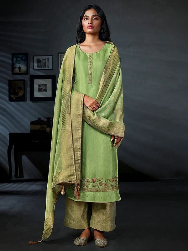 Art-Silk Palazzo Salwar Kameez Suit With Zari Floral Embroidery And Mask-Dupatta