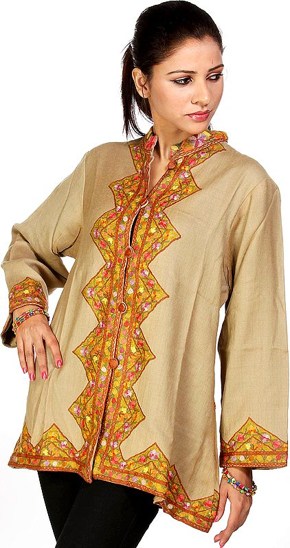 Abbey-Stone Kashmiri Jacket with Hand-Embroidered Flowers on Border