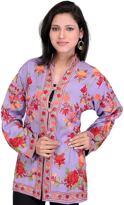 African-Violet Kashmiri Jacket with Aari Embroidered Flowers