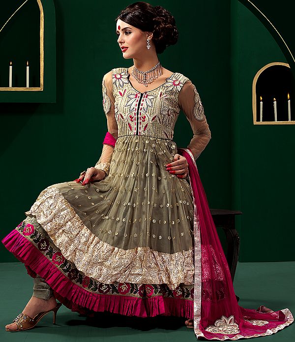 Agate-Gray Wedding Anarkali Salwar Suit with Floral-Embroidery and Sequins