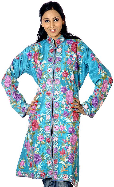 Turquoise Long Silk Jacket with Floral Embroidery All-Over