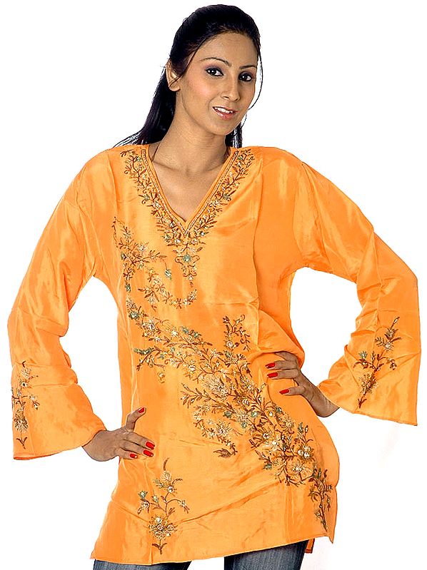 Orange Kashmiri Top with Floral Embroidery and Sequins