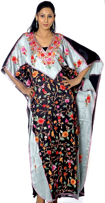 Black and Gray V-Neck Kaftan with Crewel Embroidery All-Over
