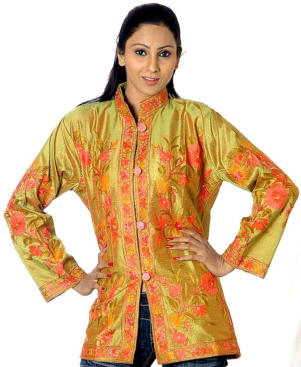 Olive-Green Jacket with Floral Embroidery from Kashmir