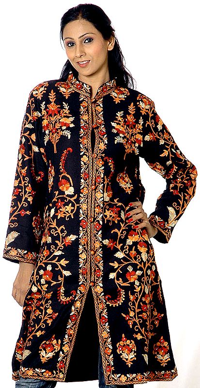 Black Long Kashmiri Jacket with All-Over Embroidery and Sequins