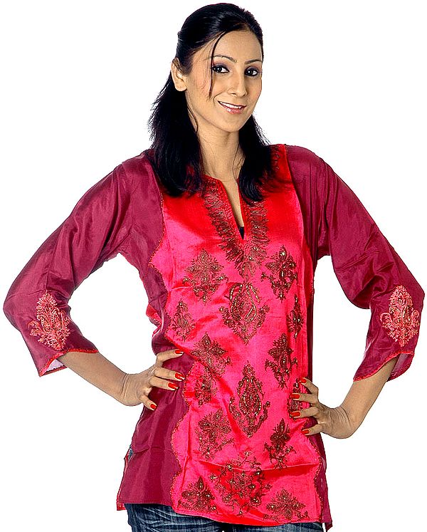 Hot-Pink Kashmiri Top with Embroidery and Sequins