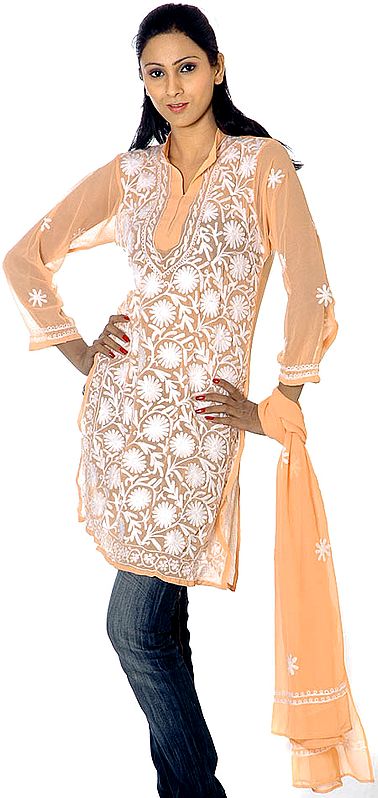 Orange Chikan Embroidered Top with Stole