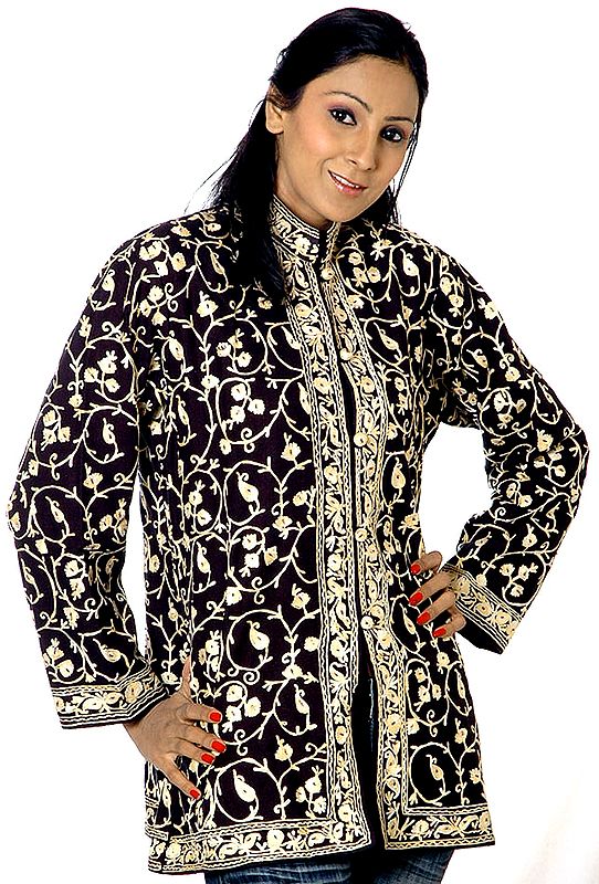 Black Aari Jacket from Kashmiri with Crewel Embroidery and Sequins