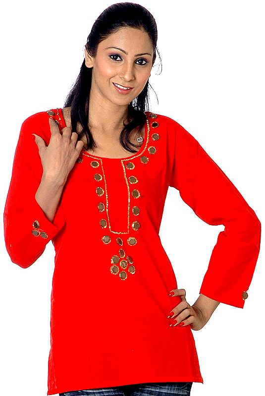 Plain Red Kurti with Large Sequins