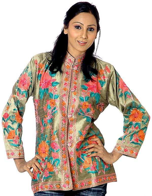 Asparagus-Green Jacket with Floral Embroidery from Kashmir